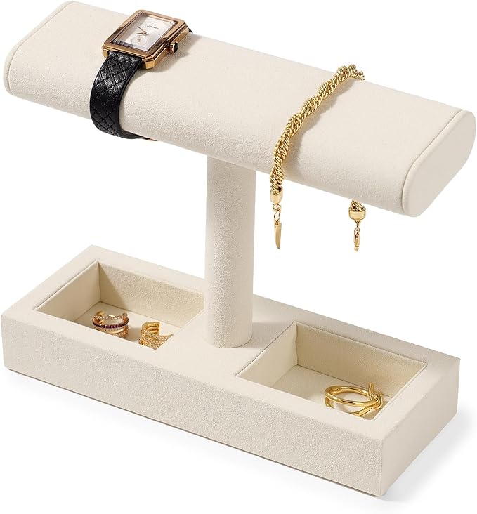 Oirlv Microfiber T-Bar Watch Display Stand Jewelry Display Props Jewelry Organizer Holder for Watch Bracelet Ring Earrings (Creamy-white,Microfiber)