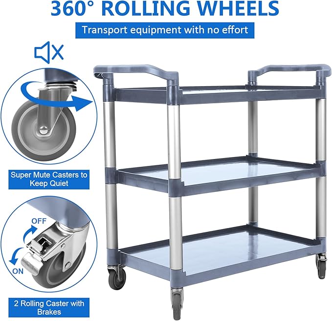 3-Tier Heavy Duty Utility Cart with Wheels, 43" Lx 21" W x 38" H, Durable Rolling Cart for Restaurant, Office, Kitchen, and Warehouse Use, Lockable 360° Swivel Casters Service Cart, Grey