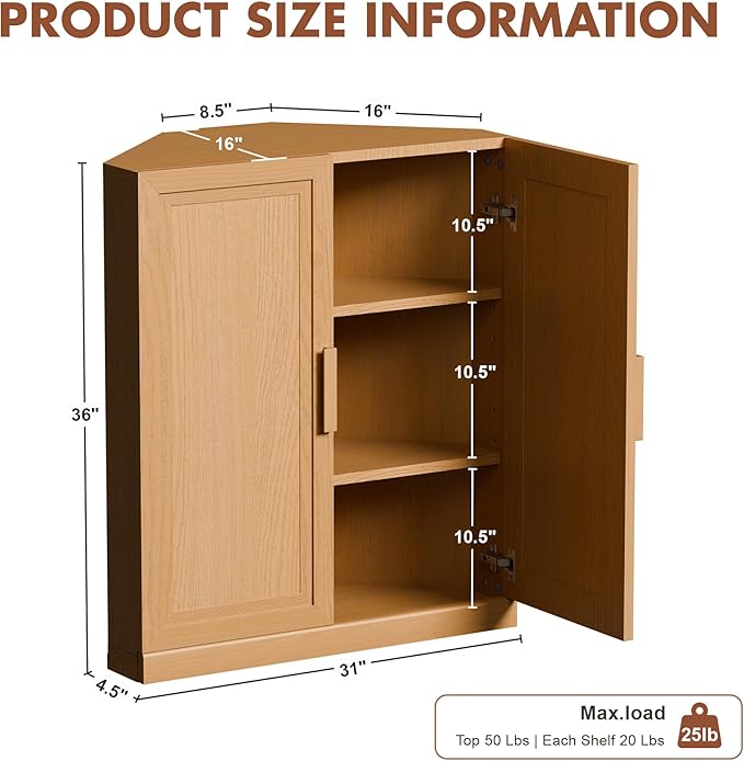 Casaphoria Farmhouse Corner Cabinet, Wooden Corner Storage Cabinet with Adjustable Shelves, Narrow Storage Organizer for Small Space, 36" H x 31" W x 16" D, 51Lb, Oak