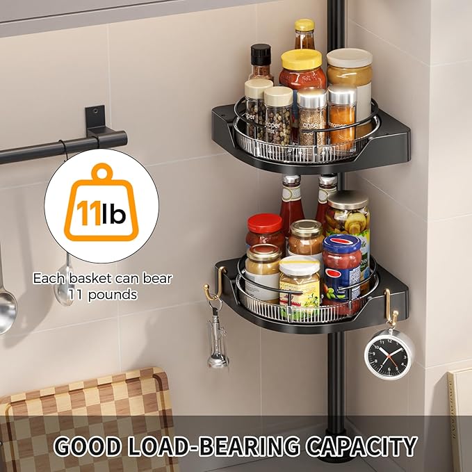 Standing Spice Rack Organizer, Counter Corner Double Tier Lazy Susan, Height Adjustable 360 Rotating Storage Rack with Hooks for Kitchen & Bathroom Corners (Black)
