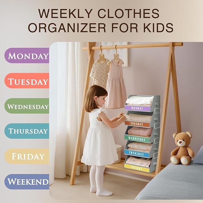 Closet Organizers and Storage - 5 Tier Shelf Organizer with Weekly Labels, Stackable Storage Bins with Metal Frame, Foldable Cube Bins, Home Baskets for Kids and Adults, Grey