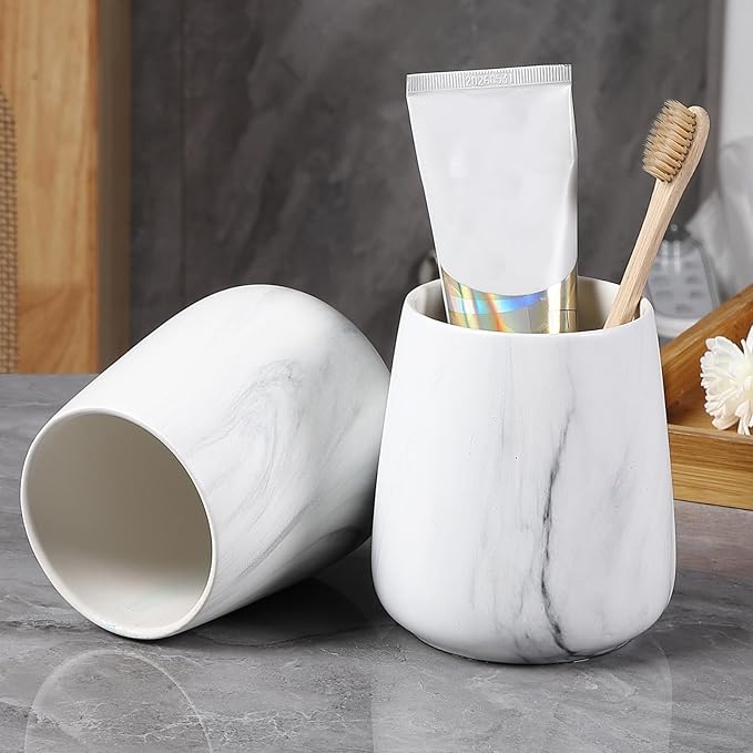 Marble White Toothbrush Holder for Bathroom - Ceramic Tooth Brushing Holders, Toothbrush Cup, Toothpaste Organizer for Bathroom Countertop, Makeup Brush Holder, Pen Holder for Home Desktop Storage