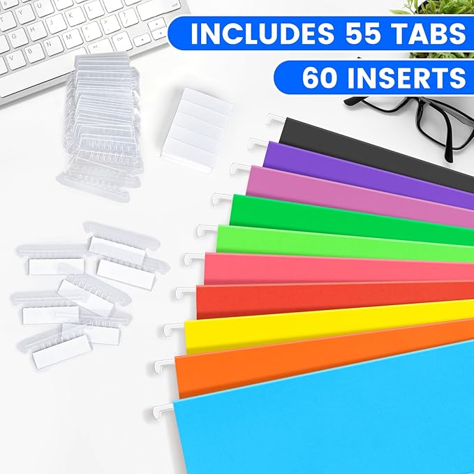 50-Pack Assorted Hanging File Folders, Letter Size with 55 Transparent Label Cards, 60 Sticker Labels,1/5-Cut Tabs–Home Office & Filing Cabinets