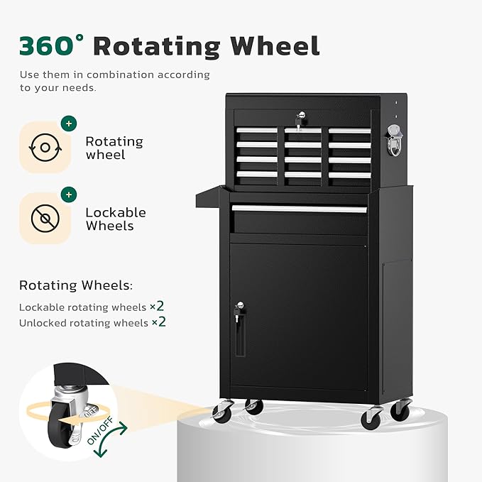 Greenvelly Tool Chest, 5-Drawer Rolling Tool Chest with Hooks and Lockable Wheels,Metal Storage Detachable Top Tool Box with Lockable Wheels for Garage,Workshop,Art Studio(Black)