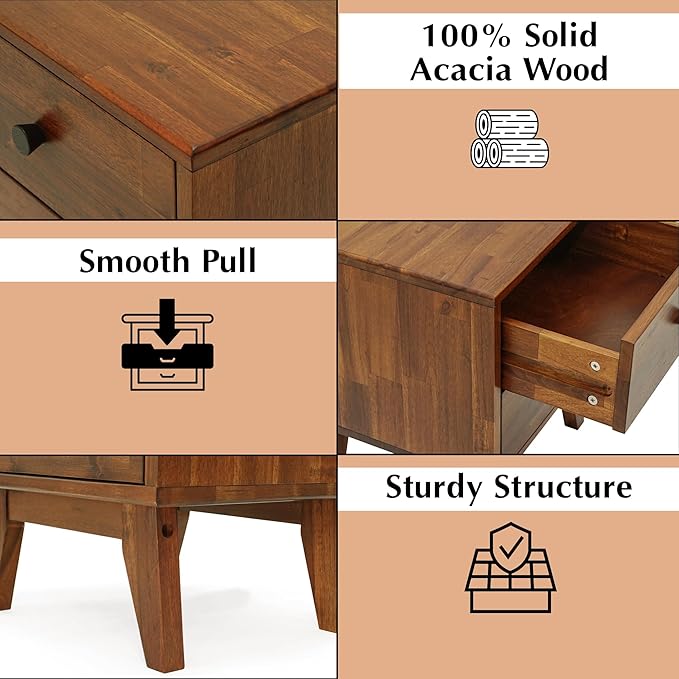 Acacia Silvia Nightstand with 2 Drawers, Solid Wood Bedside Table, Table with Storage Drawers for Bedroom, Bedside End Table with Drawer and Storage Space, Walnut