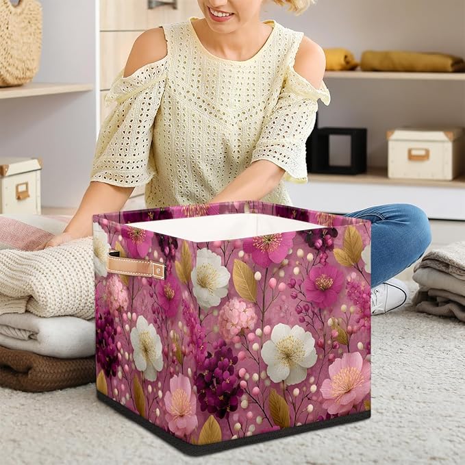 TropicalLife 13x13x13 Inch Large Fabric Storage Cube Pink Floral Print Foldable Storage Bin with Handles Organizer Boxes Cube Basket for Shelves Organizing Closet