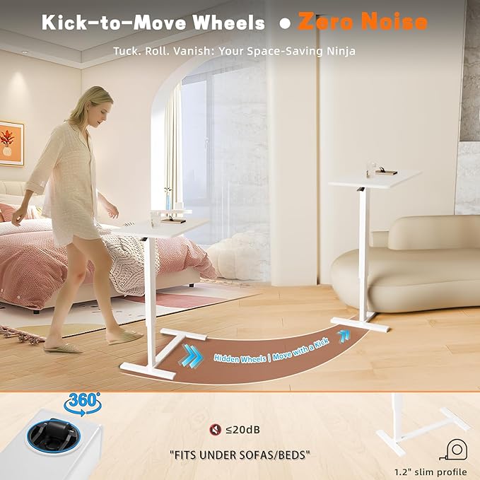 Overbed Bedside Table with Wheels, Adjustable Hospital Over Bed Table, Rolling Laptop Table, Medical Bed Side Table,White