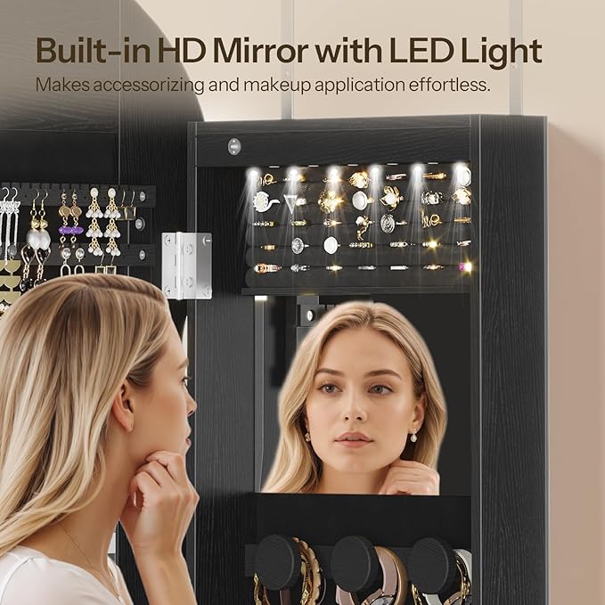 HOOBRO LED Mirror Jewelry Cabinet, Wall/Door Mounted Jewelry Organizer, Jewelry Aromire with Wavy Mirror Full Length, Lockable Cosmetics Storage Cabinet, Interior Mirror, 16.5" x 4.1" x 43.3", Black