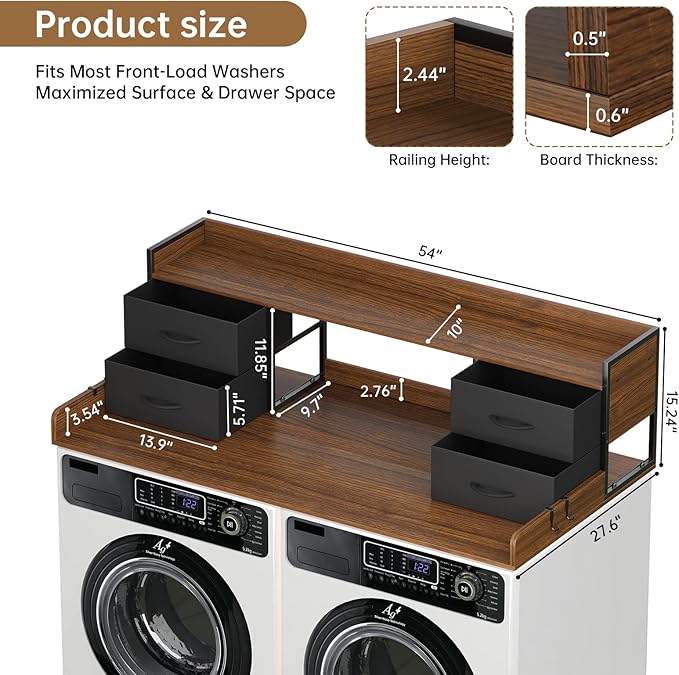 4 Drawers Washer Dryer Countertop with Shelf, 27.5" D x 54" W Laundry Topper with 3.54" High Guardrails and Non-Slip Pads,Extra Storage Organizer for Over Washer and Dryer, Holds 66 Lbs,Dark Walnut