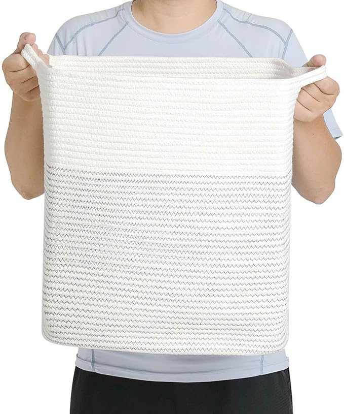 Tall Laundry Basket With Handles,Woven Cotton Rope Big Laundry Hamper Sorters,Versatile Storage for Dirty Clothes,Baby Toys,and Blankets in Bathroom, Nursery,and Living Room (White/Black Line, 80L)