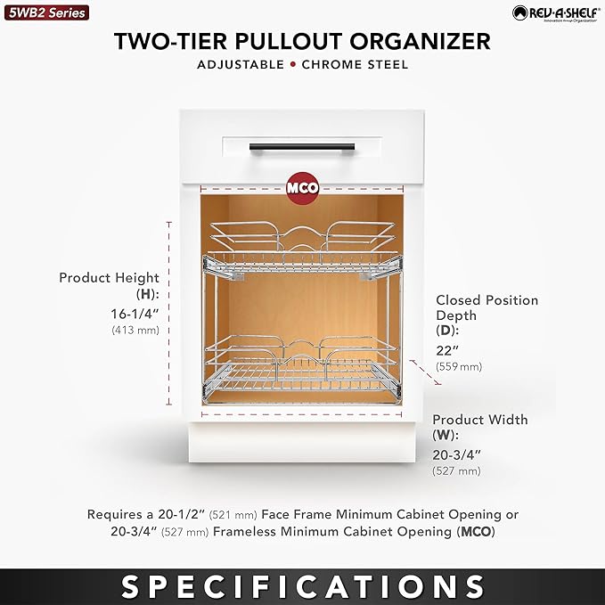 Rev-A-Shelf 2 Tier Kitchen Cabinet Pullout Shelf and Drawer Organizer Slide Out Pantry Storage Basket in Multiple Sizes, 21 x 22 In, 5WB2-2122CR-1