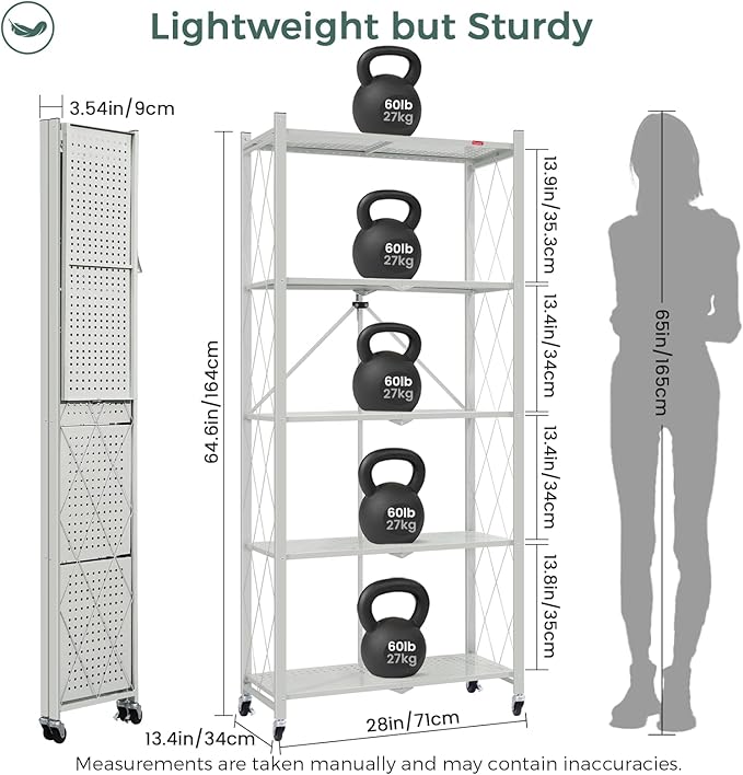 DEANIC 5 Tier Foldable Storage Shelves with Wheels, Large Capacity Shelving Unit, Freestanding Metal Wire Shelf Rack, No Assembly Organizer Rack for Garage Kitchen, Basement, Pantry(Grey Pack of 2)