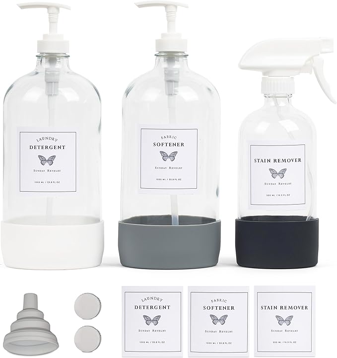 Glass Laundry Detergent Dispenser Set w/Silicone Base, 34 oz Laundry Pump Dispensers x 2, 17 oz Laundry Dispenser x 1 for Liquid Detergent/Stain Remover, Concentrated Laundry Detergent Dispenser
