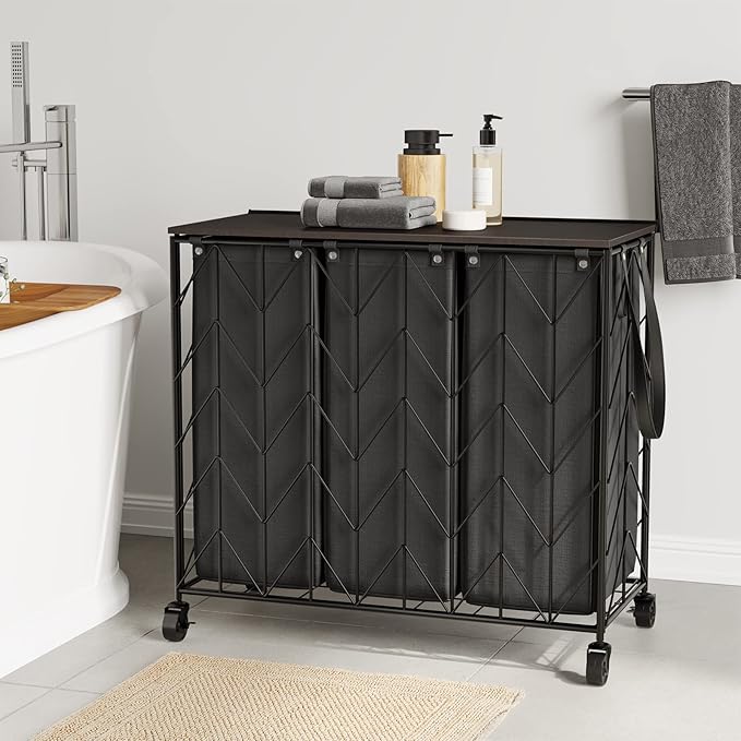 WOWLIVE Laundry Basket with Wheels, 142L Hamper 3 Section with Lid, Dirty Clothes Hamper with Removable Bags, Large Capacity Iron-Made Organizer Laundry Sorter for Dorm, Black