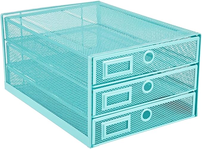 Annova Desk Organizer Wire Mesh 3 Tier Sliding Drawers Paper Sorter/Multifunctional/Premium Solid Construction for Letters, Documents, Mail, Files, Paper, Kids' Art Supplies (Turquoise)