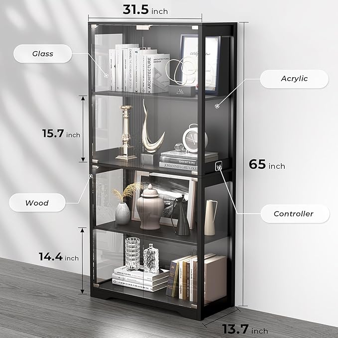 Display Cabinet with Glass Doors, 4-Tier Curio Cabinet with 3 Color Lights for Collectibles, Glass Display Case with Human Body Sensor, Bookcase with 4 Shelves, Storage Cabinets, Black