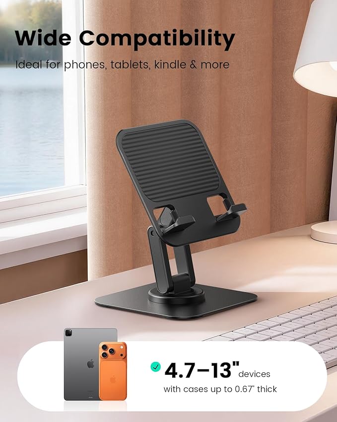 Lamicall Rotating Tablet Stand for Desk - [Fully Adjustable][Foldable & Portable] iPad Stand with Heavy-Duty Base, Tablet Holder for 4.7-13" Devices, 2025 iPad Pro Air Mini, Kindle, iPhone 17 Pro Max