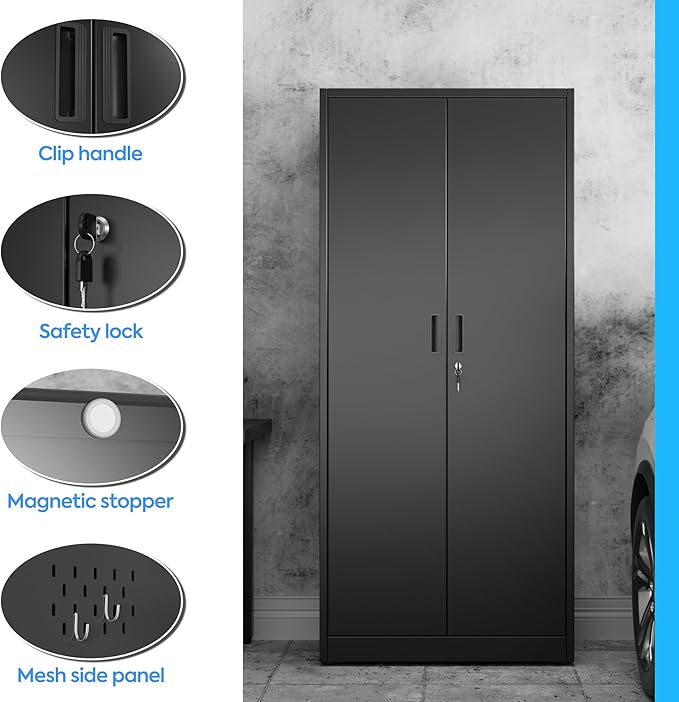 SUXXAN Broom Closet Storage Cabinet 71.4"x 33.9"x16.9", Metal Cleaning Cabinets with Hooks and Hanging Rods, Lockable Cabinet with Pegboard, Adjustable Shelf,for Garage, Laundry Room