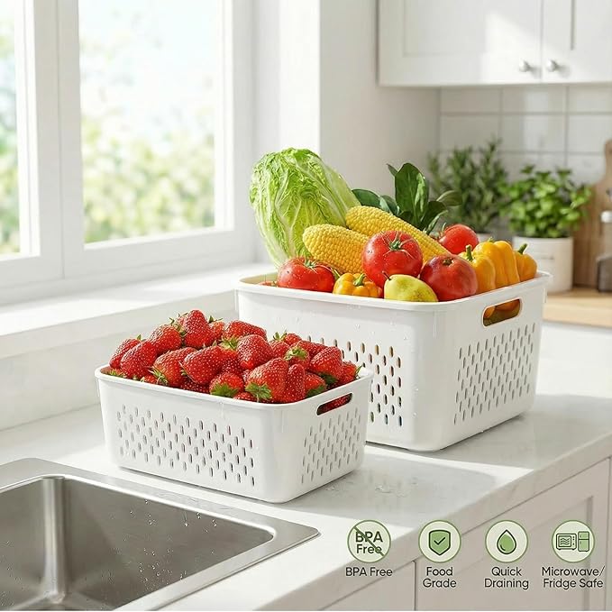 5 PCS Fruit Storage Containers for Fridge, Leakproof Produce Containers for Fridge with Removable Colander, All-In-One Fruit Containers Stainers Berry, Fruits, Vegetables, Salad Keeper Local Stock
