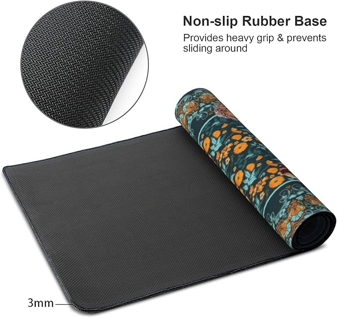Vintage Floral Tiger Large Mouse Pad, Vintage Aesthetic Gaming Desk Mat, XXL Keyboard Desk Pad Mat for Desktop, 35.4"x15.7" Non-Slip Base Big Mousepad with Stitched Edges
