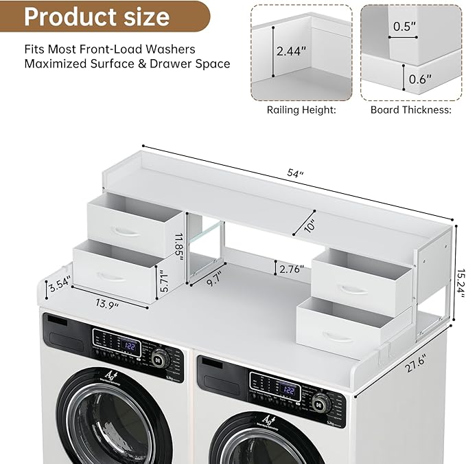 4 Drawers Washer Dryer Countertop with Shelf, 27.5" D x 54" W Laundry Topper with 3.54" High Guardrails and Non-Slip Pads,Extra Storage Organizer for Over Washer and Dryer, Holds 66 Lbs,White
