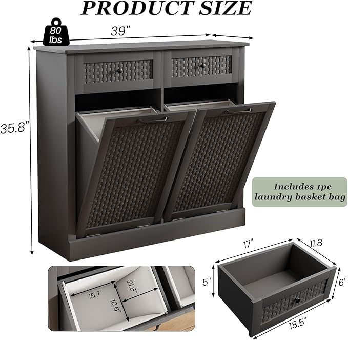 Double Tilt Out Laundry Hamper Cabinet,10 Gallon Laundry Cabinet with Drawers ＆ 2 Hidden Baskets, Farmhouse Storage Basket for Laundry Room, Bathroom, Kitchen, Gray