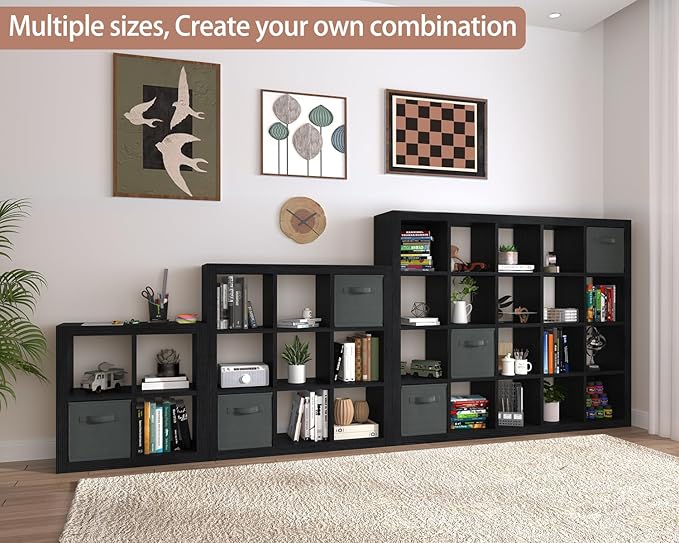 furtble Bookshelf with Storage Bins, 16-Cube Storage Organizer with Back Panels, Modern Wood Open Bookcase, Multifunctional Display Shelf for Living Room, Bedroom, Home Office, Black