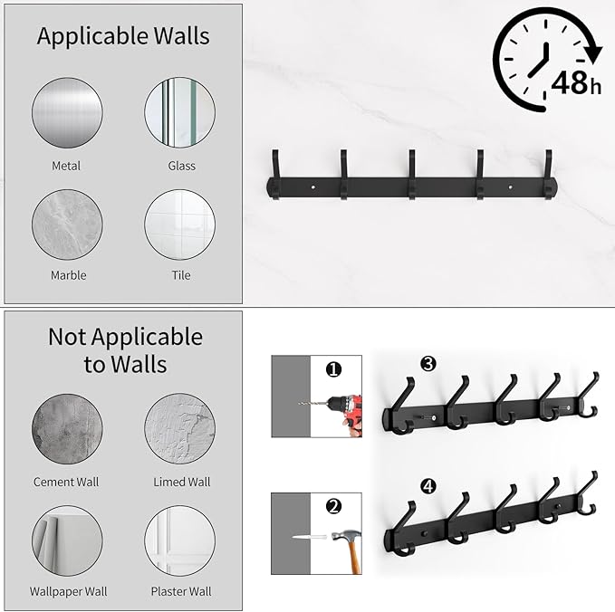 2 Pack Coat Rack Wall Mount,17.3 in Wall Hooks for Hanging, Coat Hanger Wall Mount Towel Rack Hat Rack for Wall with 10 Hooks for Entryway, Bedroom, Bathroom (Black)