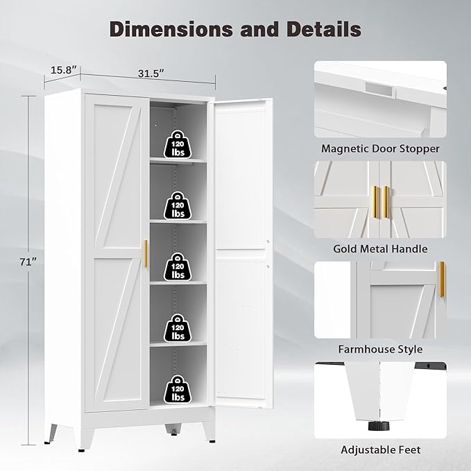 71" Tall Metal Pantry Cabinet, Kitchen Storage Cabinet with 2 Doors and 4 Adjustable Shelves for Kitchen, Living Room, Dining Room, Bathroom and Home, Office (White, 71" H)