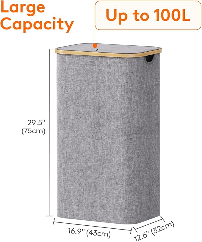 Lifewit 100L Laundry Basket with Lid, Clothes Hampers for Laundry with Bamboo Handles and A Removable Laundry Bag, Large Foldable Hamper for Bedroom, Bathroom, Dorm, Laundry Room, Light Gray