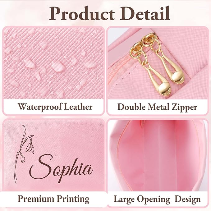 Personalized Makeup Bag with Name & Birth Flower, Custom Leather Cosmetic Bags for Women, Customized Travel Toiletry Bag Gifts for Bridesmaid Wedding