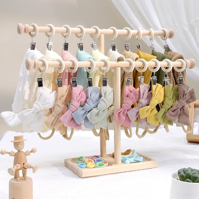 POVETIRE Headband Holder Stand Storage for Baby, 2 Tier Wooden Bow Organizer for Girls Hair Bows, Infant Hair Accessories Rack Display for Nursery Decor