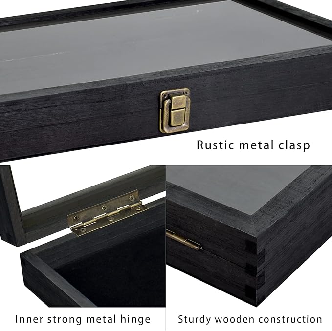 MOOCA Wooden Jewelry Display Case, Pocket Knife Display Case with Tempered Glass Top Lid and Removable Black Luxurious MDF Velvet Jewelry Pad, Black Color