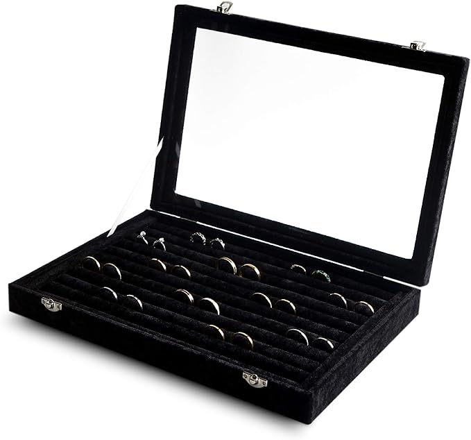 Frebeauty Rings/Earrings Organizer Tray with Clear Lid 10 Slots Velvet Drawer Insert Jewelry Storage box with Transparent Glass lid Jewelry Display Case Showcase Gift for Girls Women (Black, 10 Slots)