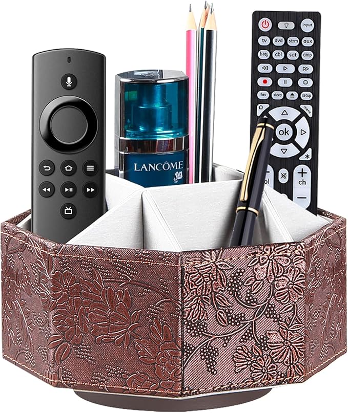 Remote Control Holder, Swivel 9 Rooms Desk Organizer and Decorations for Living Room, Leather Bedside Storage Caddy for TV Controllers/ Makeup Brush Pen/ Office Stationery/ Art Supplies/ Eyeglasses