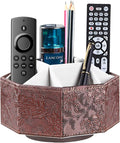 Remote Control Holder, Swivel 9 Rooms Desk Organizer and Decorations for Living Room, Leather Bedside Storage Caddy for TV Controllers/ Makeup Brush Pen/ Office Stationery/ Art Supplies/ Eyeglasses