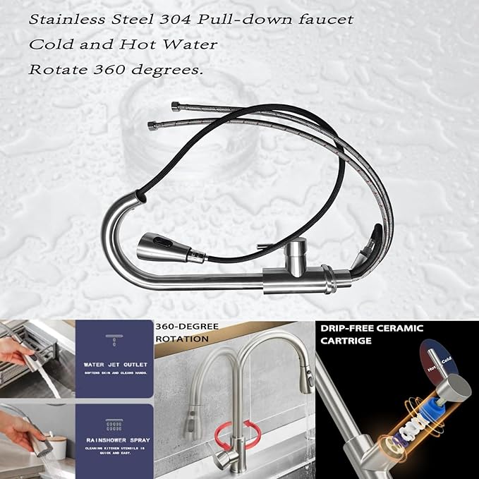 304 Stainless Steel Utility Sink with Faucet – Free Standing Single Bowl Kitchen Sink with Workbench & Drawer Storage, Hot/Cold Water Pipes for Laundry, Farmhouse & Outdoor Use 47”(SCTD-120R)