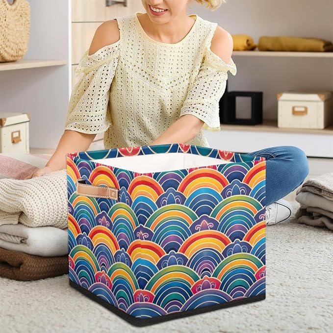 TropicalLife 13x13x13 Inch Large Fabric Storage Cube Vintage Rainbow Flowers Foldable Storage Bin with Handles Organizer Boxes Cube Basket for Shelves Organizing Closet