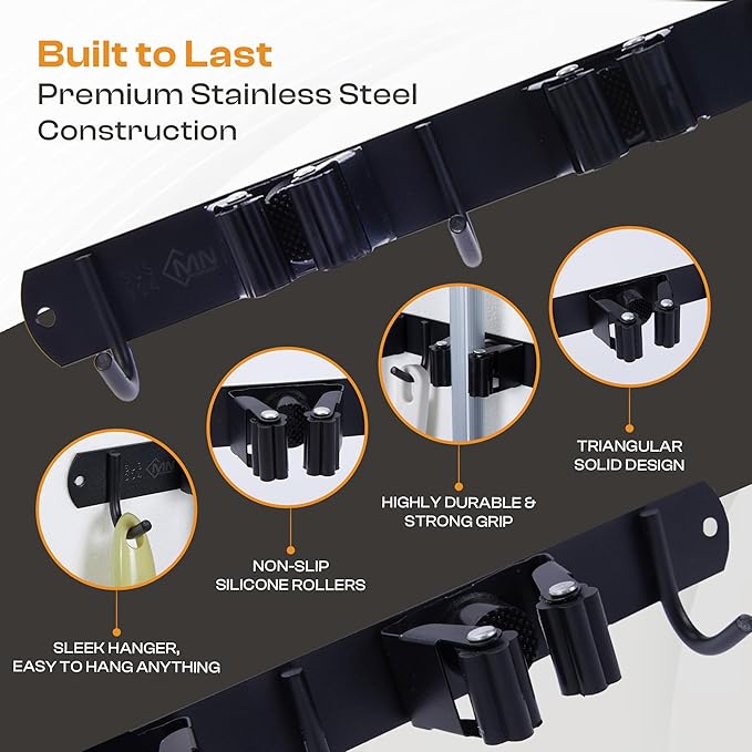 Heavy-Duty Stainless-Steel Broom Holder Wall Mount with 3 Racks and 4 Hooks | Waterproof Mop and Broom Hanger | Adjustable, Garage & Garden Tool Organizer | Black