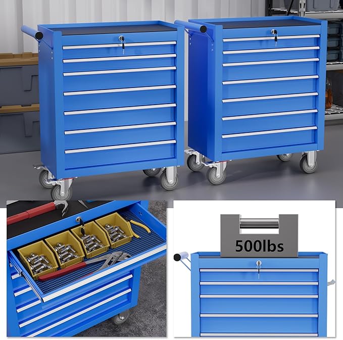 7-Drawer Tool Chest,Rolling Tool Cart with Wheels,High Capacity Tool Cabinet with Locking System for Garage, Warehouse, Workshop-Blue