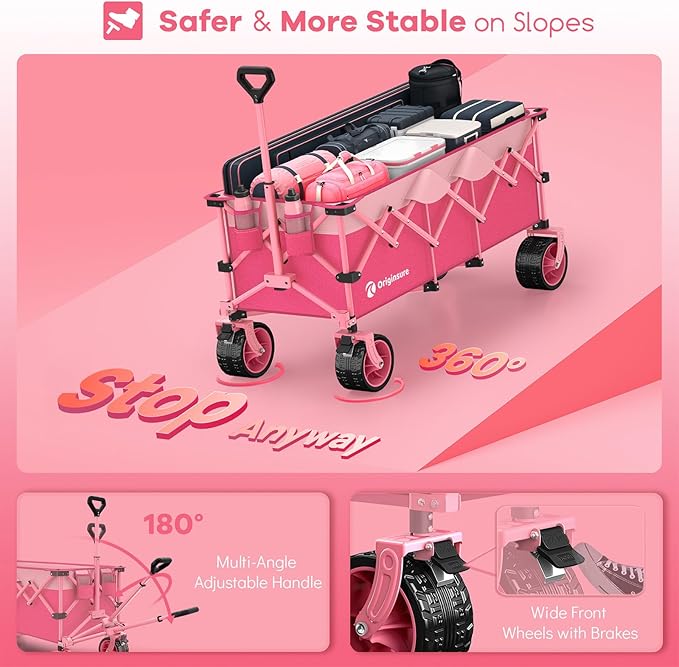 48" L Collapsible Beach Wagon Cart Foldable, 560LB Weight Capacity 300L Heavy Duty Folding Wagons with Big All-Terrain Wheels, Utility Carts for Groceries, Shopping, Camping, Sports - Pink