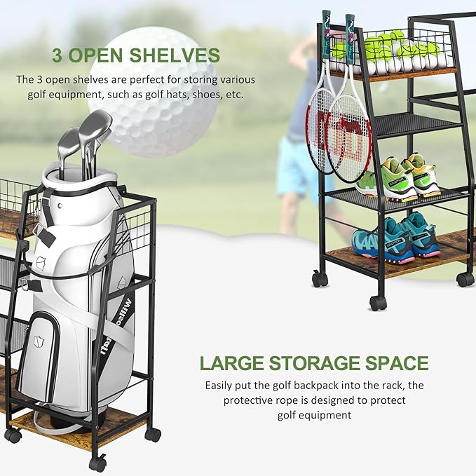 Golf Bag Garage Storage Rack with Wheels, Organizer for Single Golf Bag and Equipment Accessories, Ideal for Home, Garage, Club, Shed, Basement - Sturdy Wood and Metal Construction (Black)