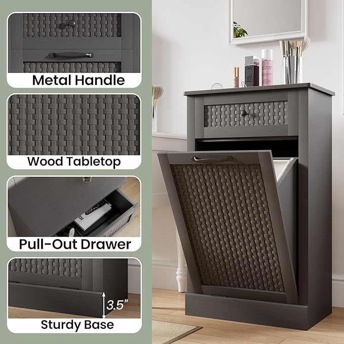 Tilt Out Laundry Hamper Cabinet,10 Gallon Laundry Cabinet with Drawers ＆ Hidden Baskets, Farmhouse Laundry Storage Basket for Laundry Room, Bathroom, Kitchen,Gray