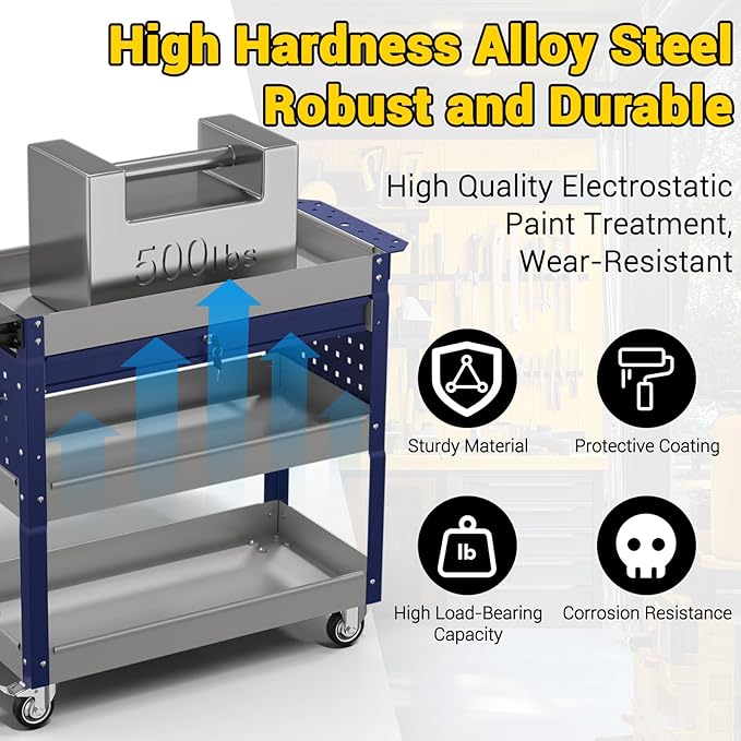 3 Tier Rolling Tool Cart on Wheels, 550 LBS Tool Cart with Drawers，Heavy Duty Utility Cart with Pegboard and Hooks，Mechanic Tool Storage Cart for Garage, Warehouse and Repair Shop(Gray-Blue)