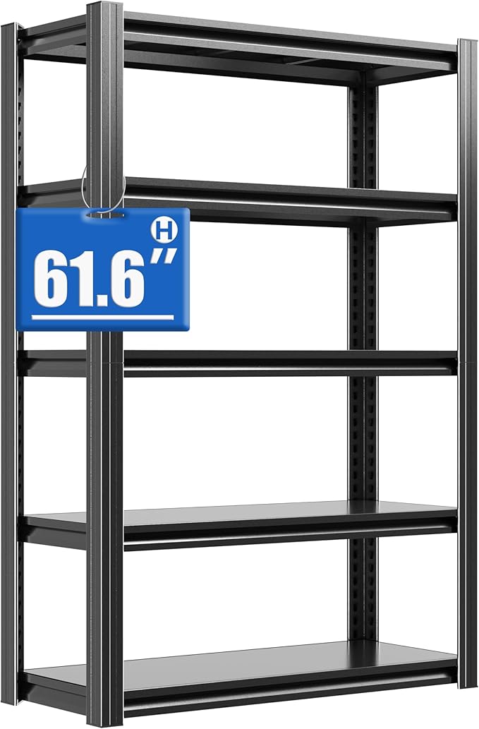 Metal Storage Shelving Heavy Duty, Shelves Unit for Garage, Adjustable 5 Tier Storage Rack, Industrial Utility Shelf for Garage, Warehouse, Basement, Kitchen,12" D x 27.6" W x 60.8" H, Black
