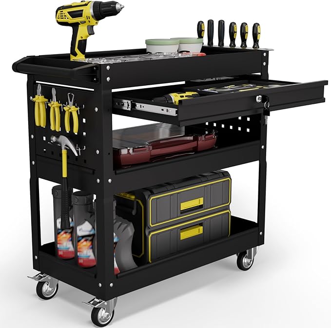 3 Tier Tool Cart on Wheels with Drawers - Three Tier Rolling Cart with Lockable Storage - Mechanic Tool Chest - Tool Chest with Wheels Used in Garage, Indoors, Workshop (Black)
