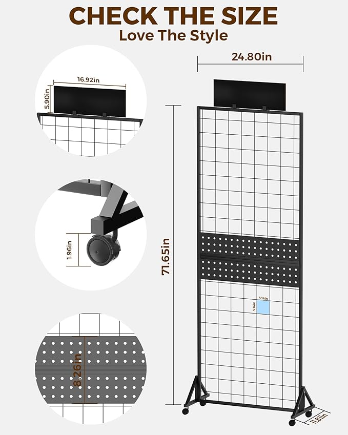 6' x 2' Ft Grid Wall Panel, Pegboard Gridwall Display Stand with Notice board, Sturdy Floorstanding Wire Grid Rack, Movable Silent Wheel for Home Organization Retail Trade Art Craft Show Vendor