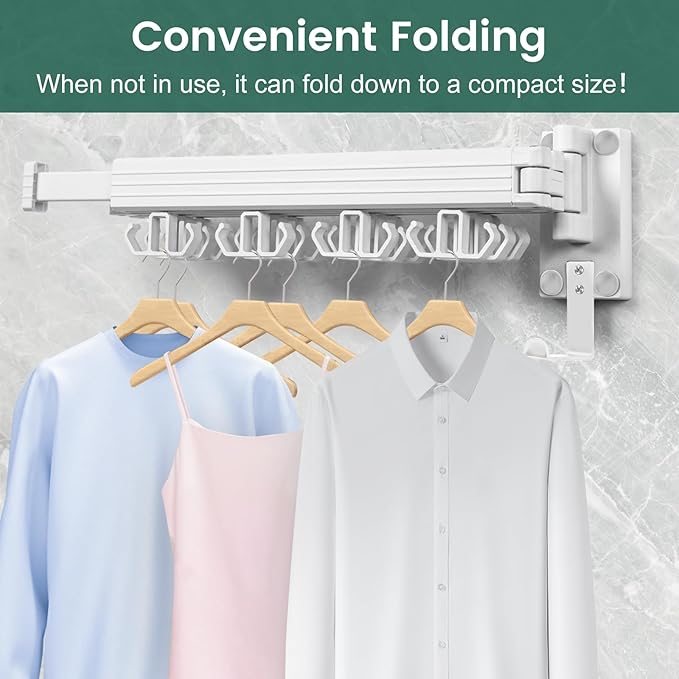 Wall Mounted Clothes Drying Rack, Laundry Drying Rack Wall Mount, 3-Fold Drying Rack Clothing, Foldable Clothes Drying Rack with 12 Dual Hooks Organization for Laundry Room Indoor - White