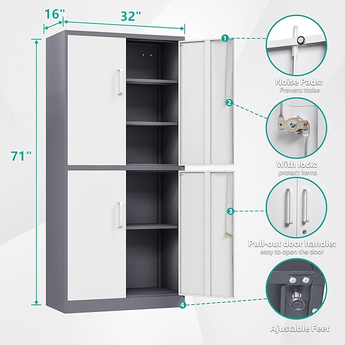 Metal Storage Cabinets with Doors and Shelves,71" Garage Storage Cabinet with Locking Doors,Tall Storage Cabinets with Lock for Home,Office,Gym,Bathroom,Kitchen