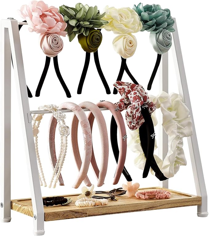 Headband Holder Organizer Metal 2-Tier Display Stand for Selling, Home Bedroom Headband Storage for Girls Women, Headband Stand Wood Base Can Store Hair Ties, White